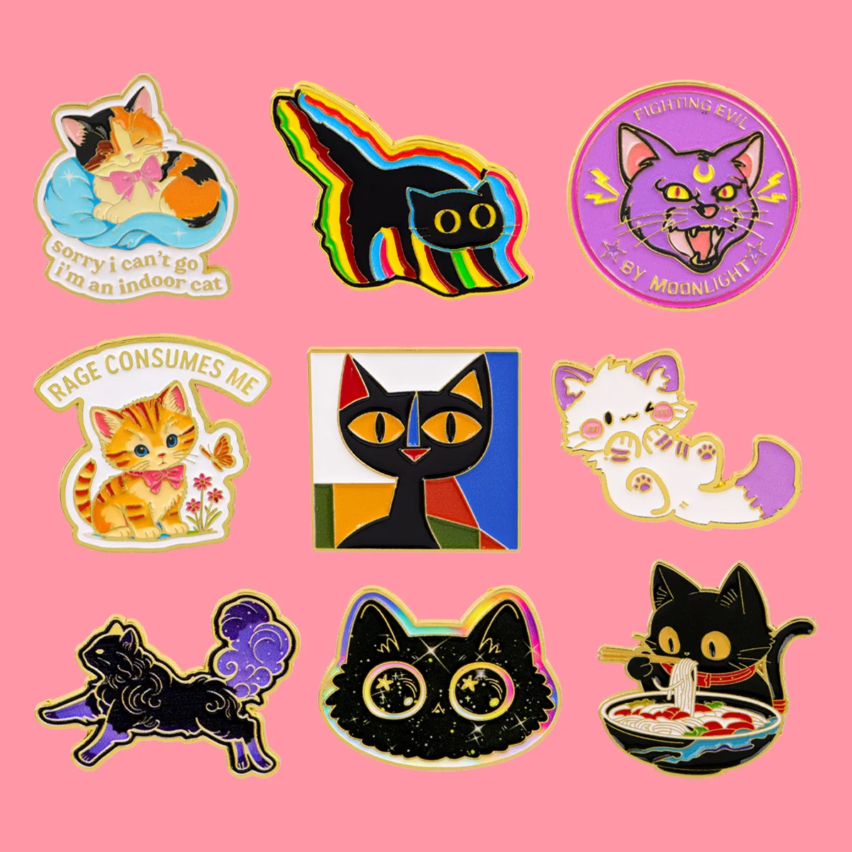 Broches de Esmalte de Gatos Pretos de Desenho Animado Fofos, Broche de Animais com Citações, Pin de Lapela para Mochila, Acessórios de Roupa, Joias de Moda, Presentes