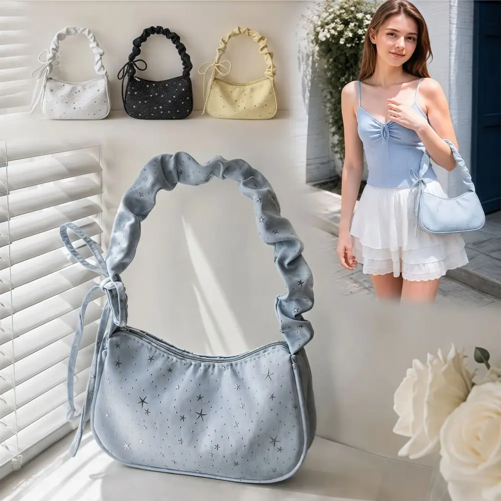 Sweet Dumpling-shaped Shoulder Bag Pleated Design Star Print Handbag Trendy Large Capacity Crossbody Bag Commuting Tote Bag