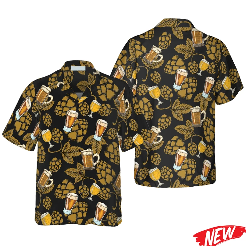 Funny Beer Pattern Hawaiian Shirt For Men Spring Summer Street Lapel Short Sleeve Shirts 3d Printed Beer Lovers Button Shirt