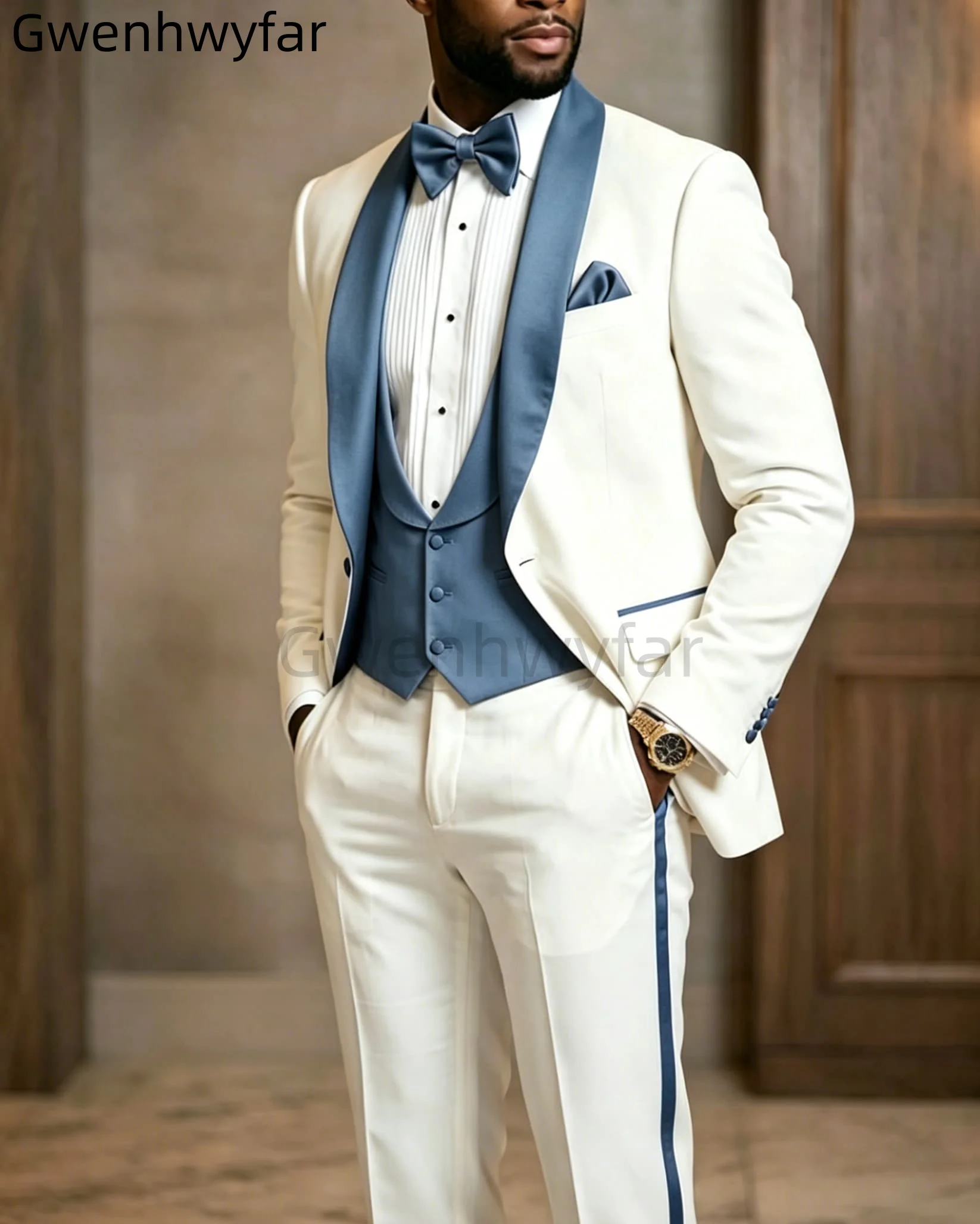 Gwenhwyar Hazy Blue Causal Jacket Vest Pants Men's Formal Business Office Suit Groom Wedding Party Blazer Waistcoat Trousers