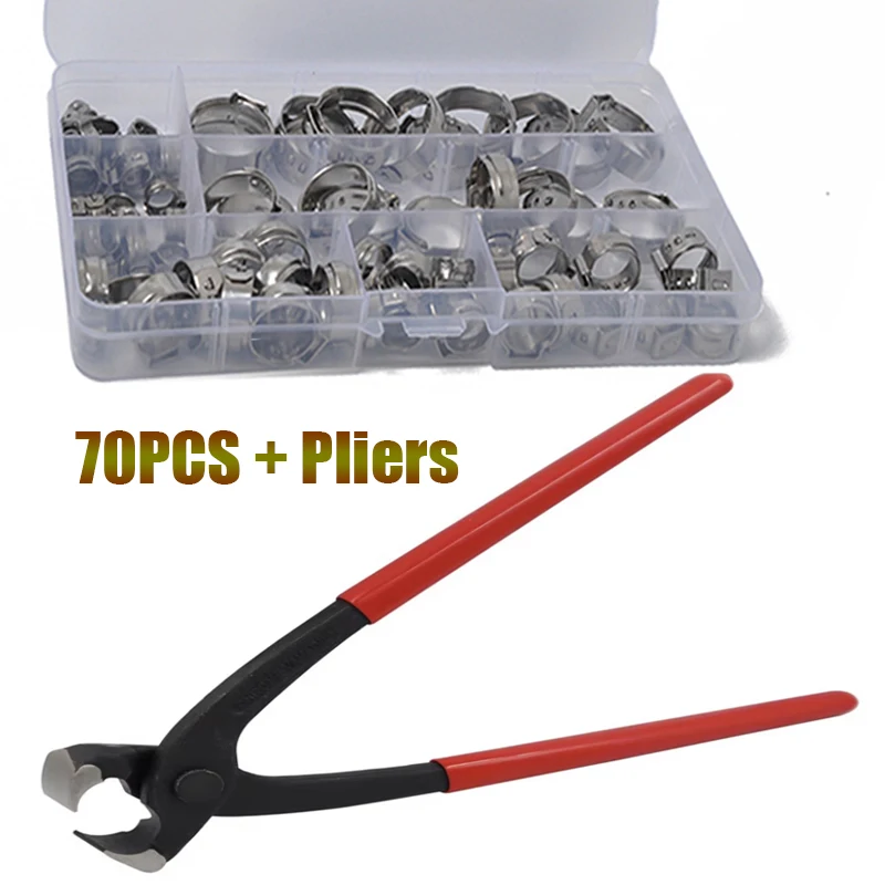 

70pcs Single Ear Hose Clamps 304 Stainless Steel Stepless 5.8-21mm Ear Pipe Cinch Clamps Rings Assortment Kit with Pliers