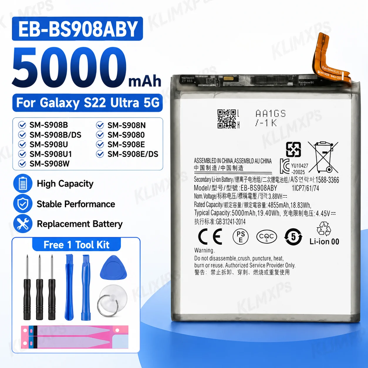 High Capacity 5000mAh EB-BS908ABY Battery For Samsung Galaxy S22 Ultra S22 Ultra SM-S908 SM-S9080