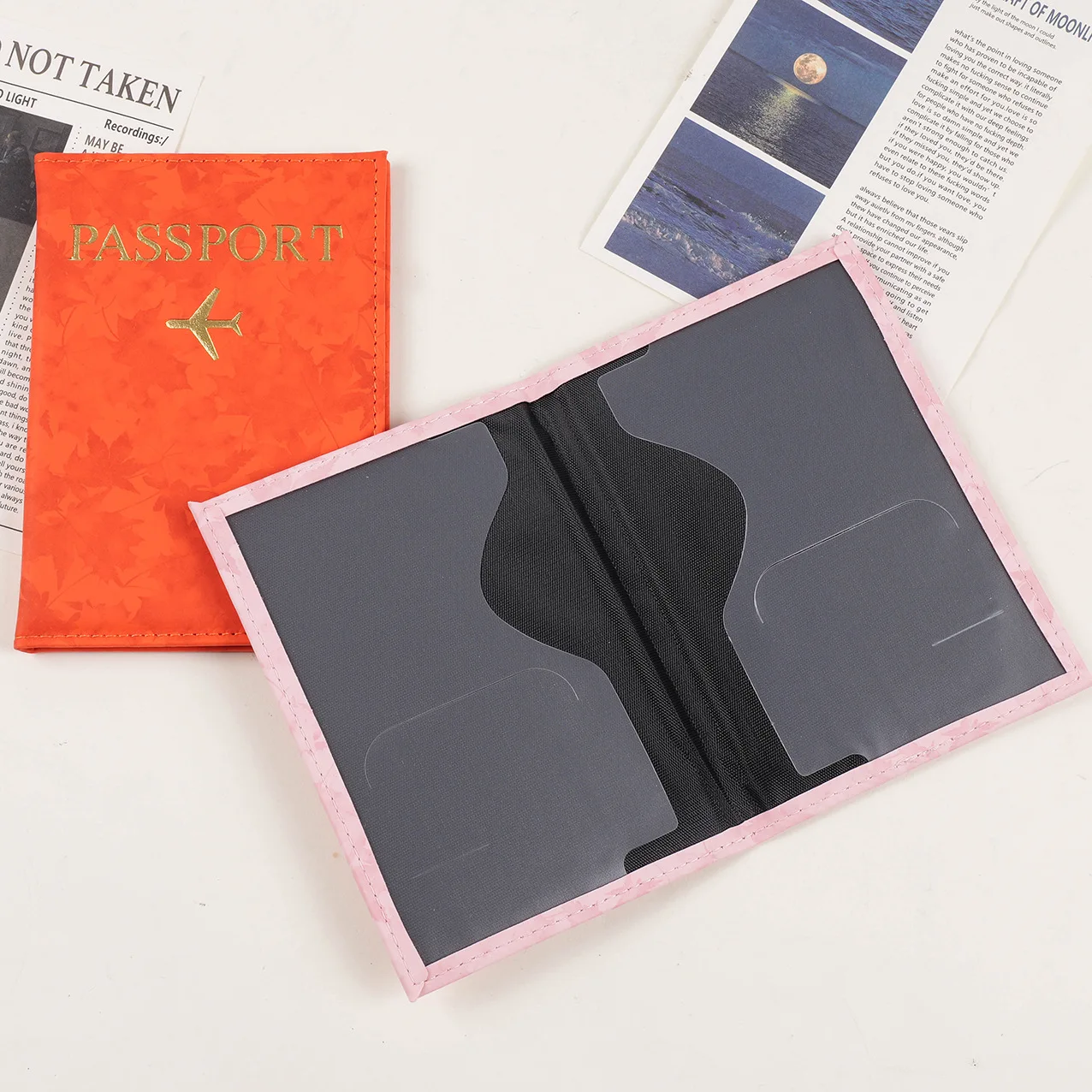 

PU Leather Leaf Print Passport Covers Passport Holder Travel Wallet Plane Ticket Holder ID Card Holder Flight Travel Accessories