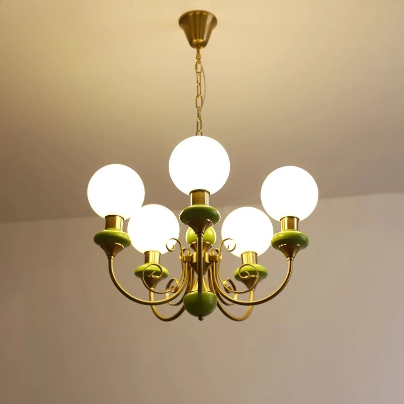 French Gold Wrought Iron Ceiling Chandeliers White Glass Ball Pendant Light Living Room Bedroom Restaurant Kitchen Hanging Lamp