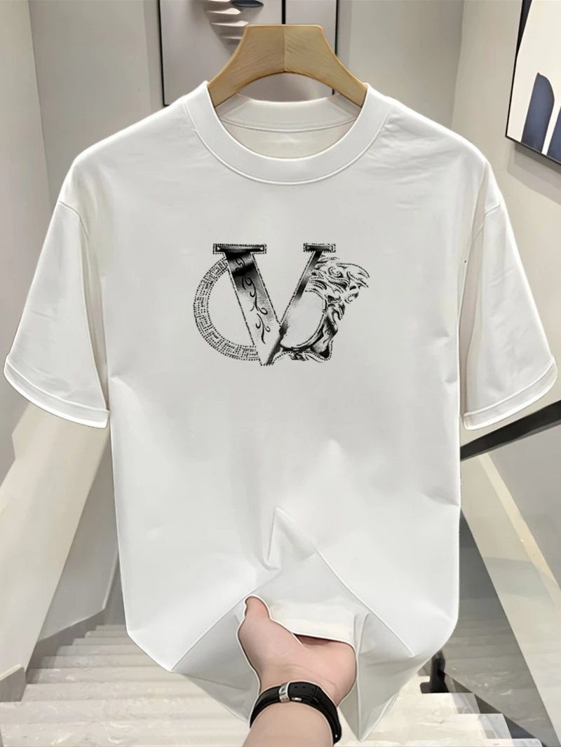 Men's Black Luxury Inspired T-Shirt, Silver Medusa Head & V Logo Print, High Street Casual Streetwear Tee