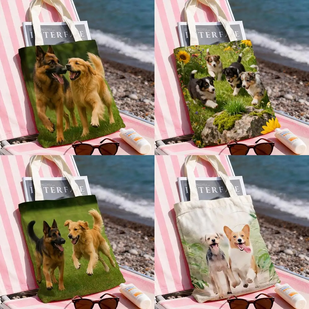 

Running Puppy Storage Bags Large Capacity Reusable Eco Canvas Tote Handbag With Double-Sided Print