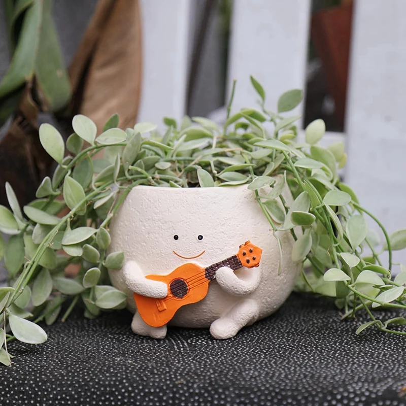 Smily Face Planter Pot With Drainage Hole Cute Resin For String Of Plant Unique Guitar Succulent Pots For Indoor