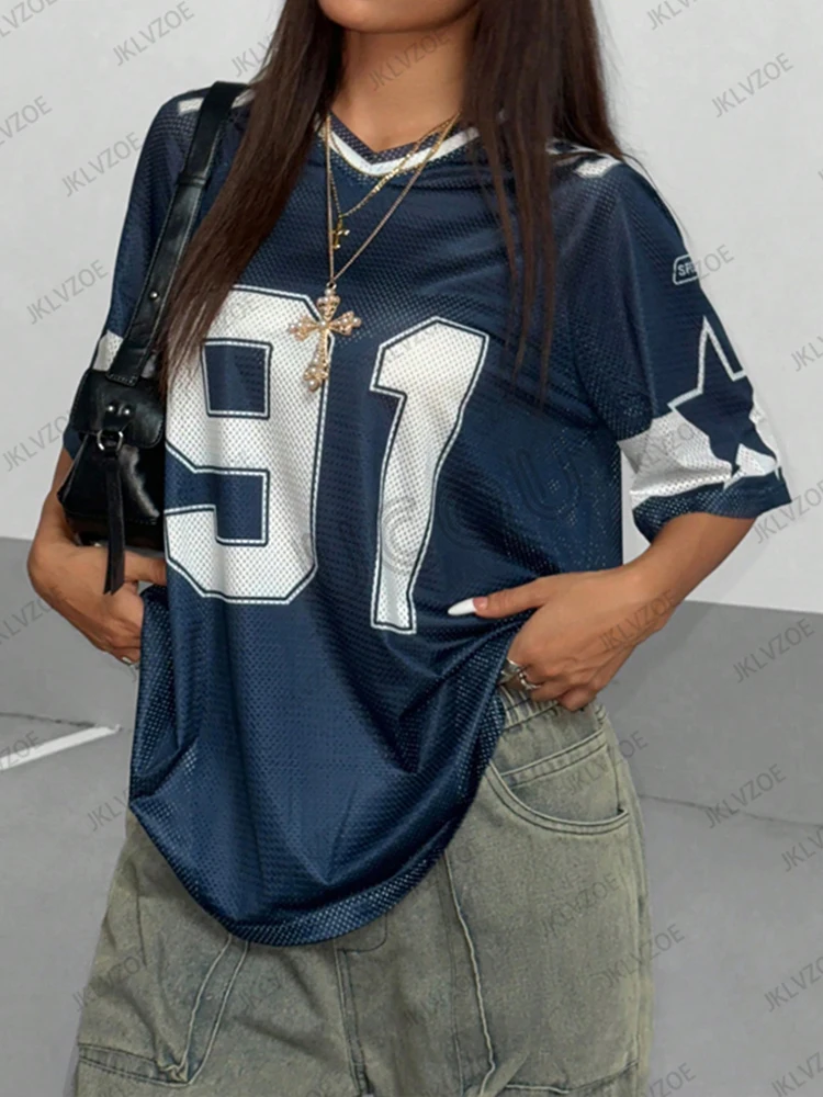 صيف جديد تي شيرت ملابس للنساء كم قصير المرقعة سرعة 91 طباعة الخامس الرقبة تيز كرة قدم رياضية جيرسي Y2k المتضخم القمم