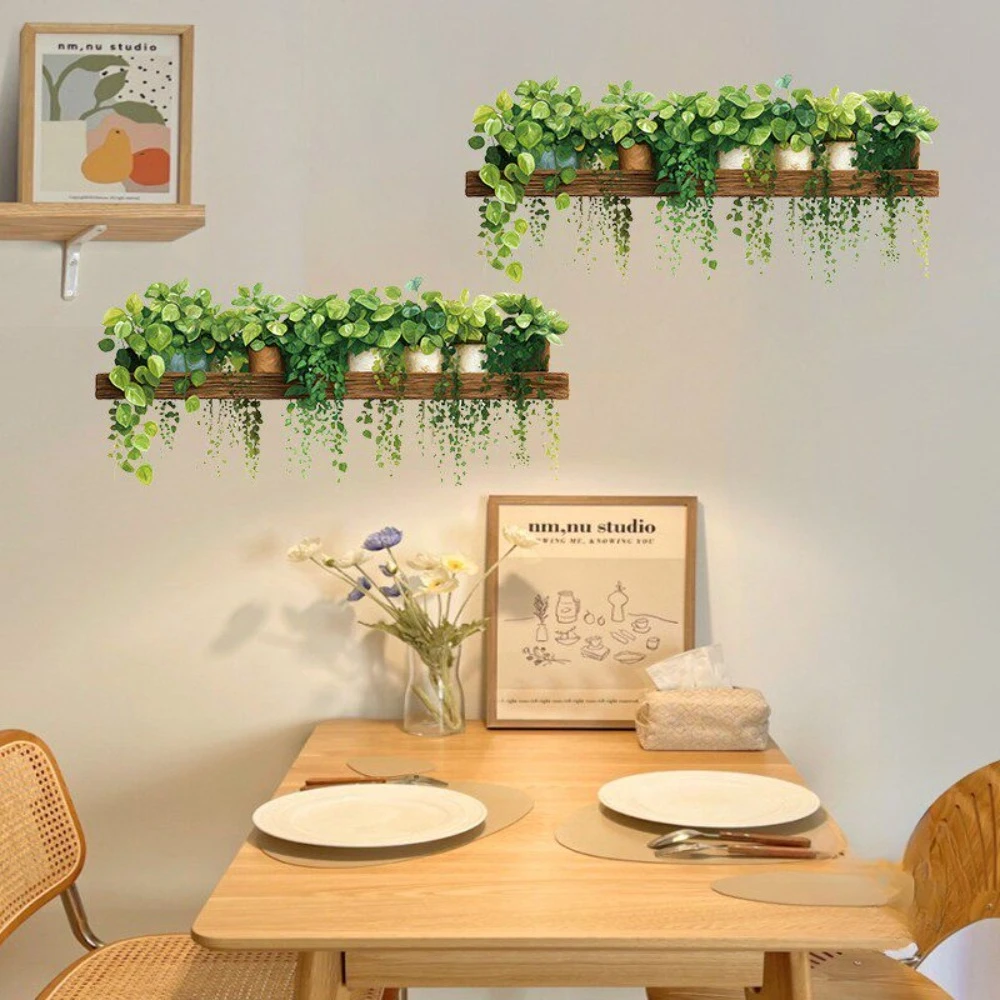 3D Green Plant Wall Decals Bonsai Tropical Plant  Wall Sticker Creative Peel Stick Removable Wall Art Decor Living Room Bedroom