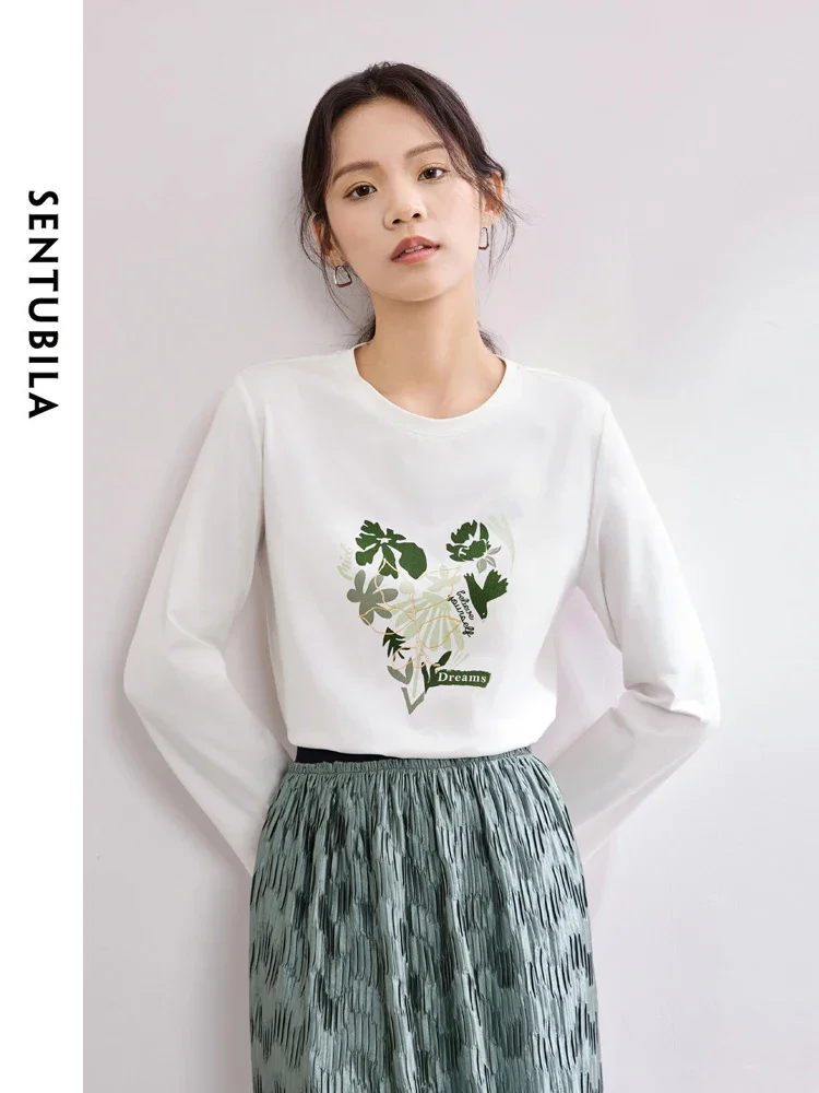 Sentubila branco impresso algodão camiseta básica 2025 primavera conforto em torno do pescoço manga longa topos pullovers casuais 141t53852