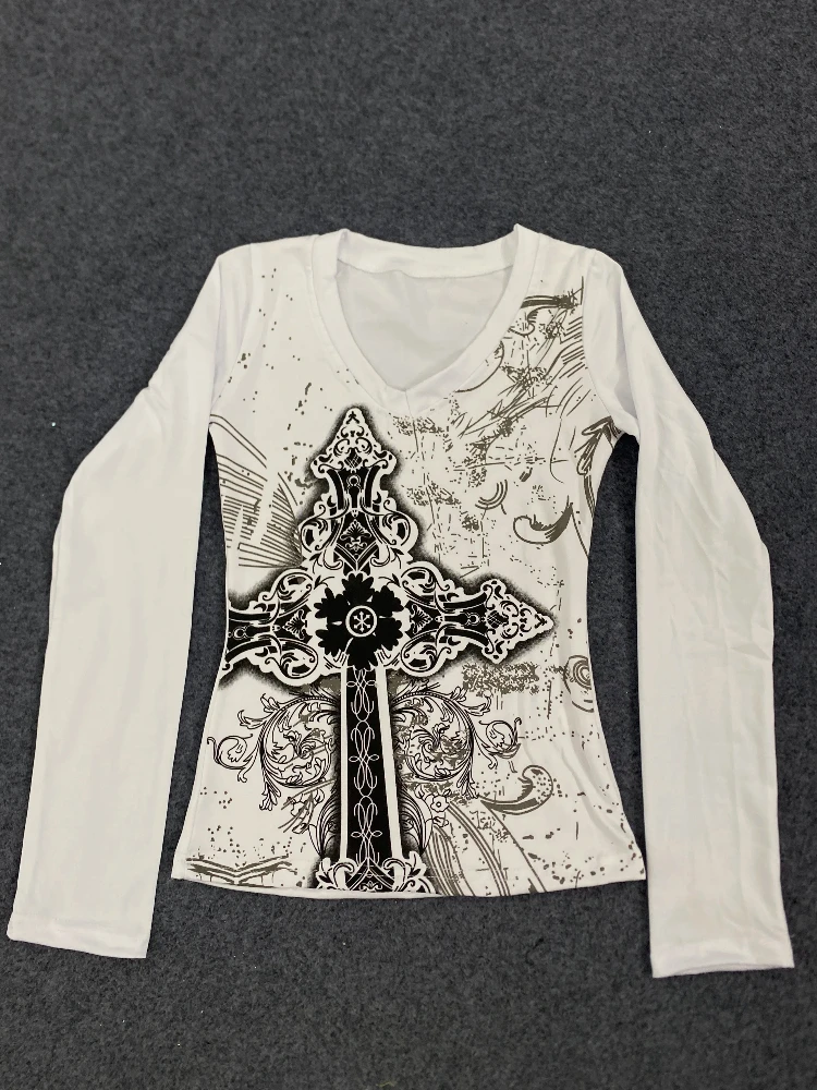 القوطية الأمريكية الجرونج سليم مثير خمر Harajuku الإبداعية طباعة القمم المتمردين ايمو فتاة شخصية الاتجاه كم طويل تي شيرت #5