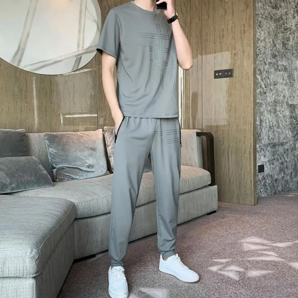 Casual Men Outfit Stylish Men's Casual Sports Suit with Short Sleeve T-shirt Elastic Waist Trouser for Home Office or Leisure