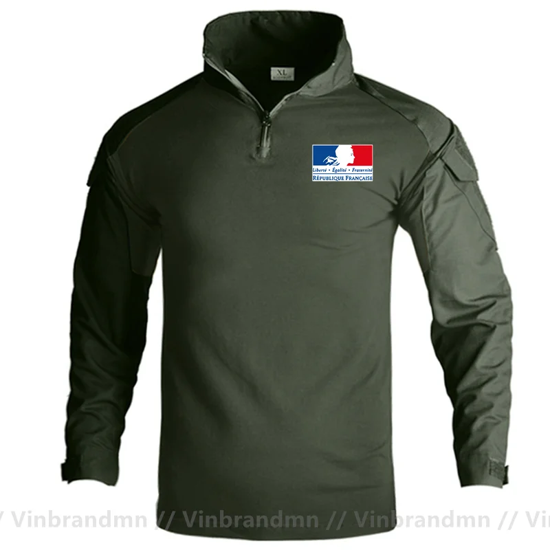 

Мужская армейская форма с длинным рукавом и дизайном флага Франции, рубашка 1/4, хлопковые тактические футболки с застежкой-молнией Ripstop, одежда для охоты и рыбалки