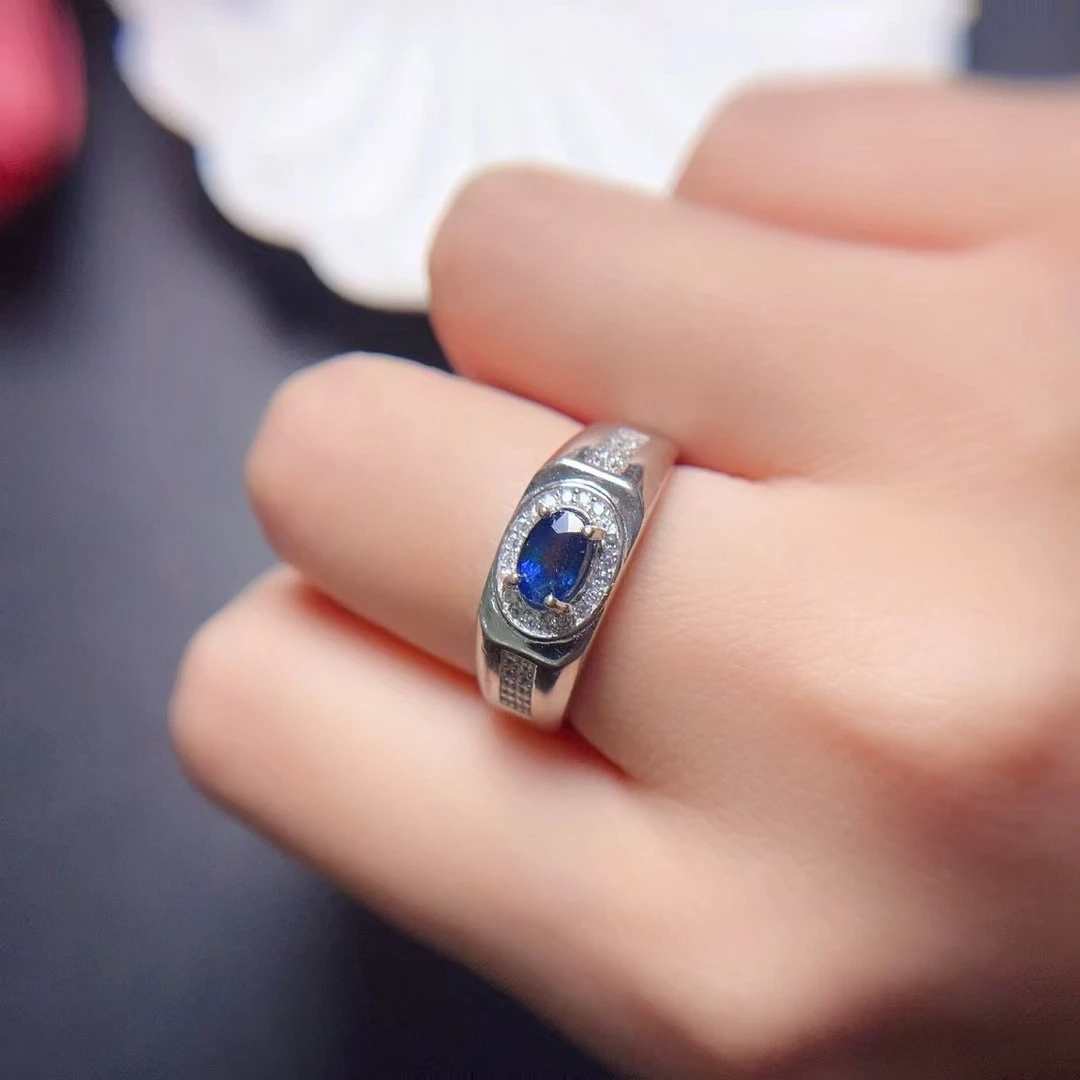 Classic Sapphire Men Ring 5mm*7mm 0.7ct Natural Sapphire Jewelry for Men 18K Gold Plated Band Ring - view 3