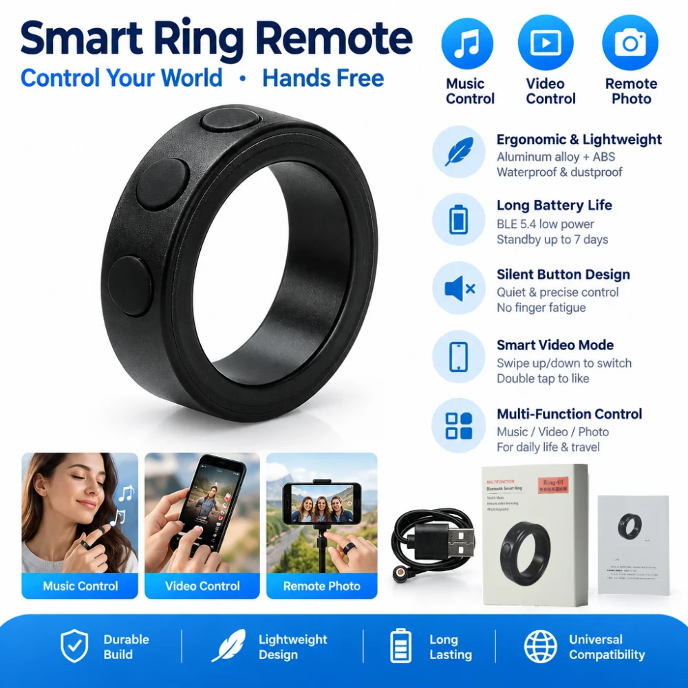 DC 5V Smart Remote Control Ring, A Wearable Bluetooth smart ring with Three Modes, Supporting Short Video Controls, Etc.