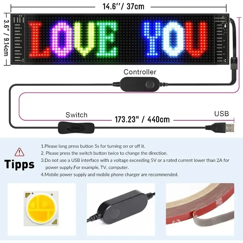LED Signs Flexible USB 5V LED Car Sign Bluetooth App Control Custom Text Pattern Animation LED Display for Store Car Bar Hotel