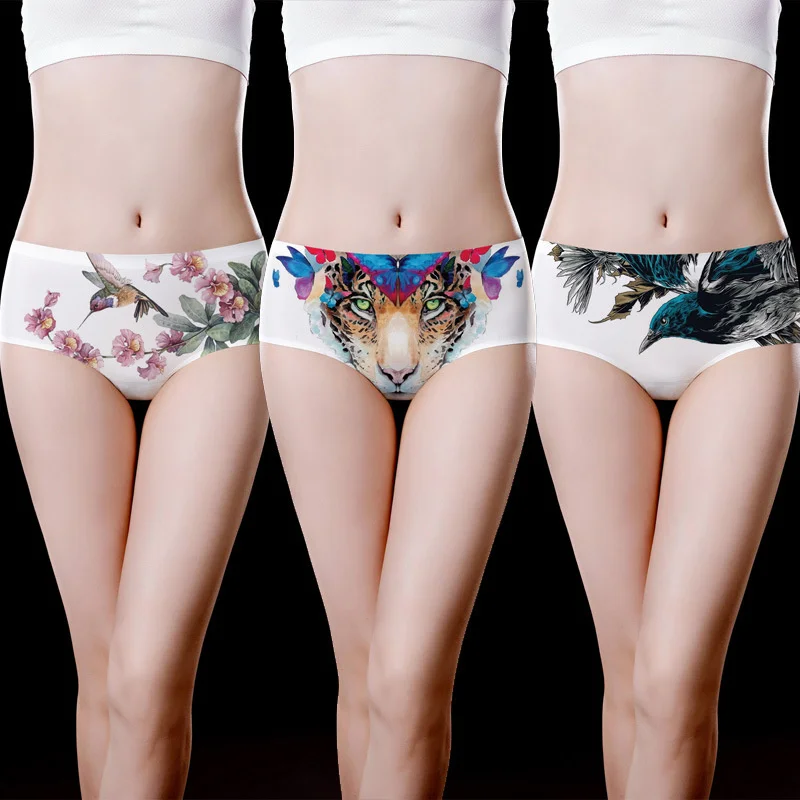 Animals Graffiti Cat Print Women\'s Lingerie Seamless Ice Silk Panties Ultra-thin Underwear Girl Sexy Medium Waist Briefs