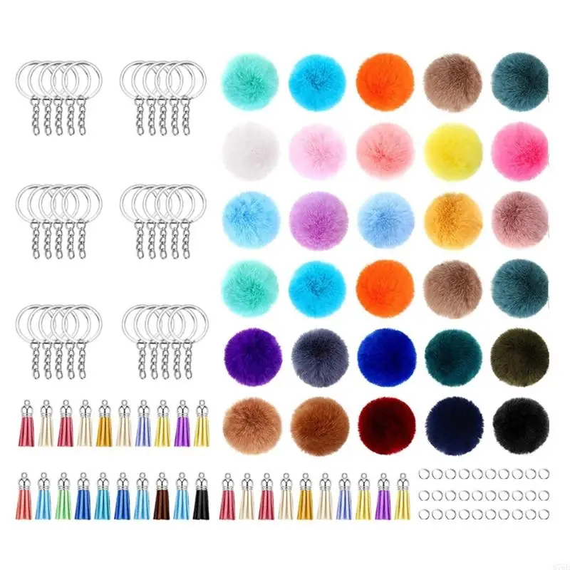 M76B 30 Pieces Colorful Pom Poms Fur Ball with 30 Pieces Keychain and 30 Pieces Tassels for DIY Hats Shoes Bags Accessories