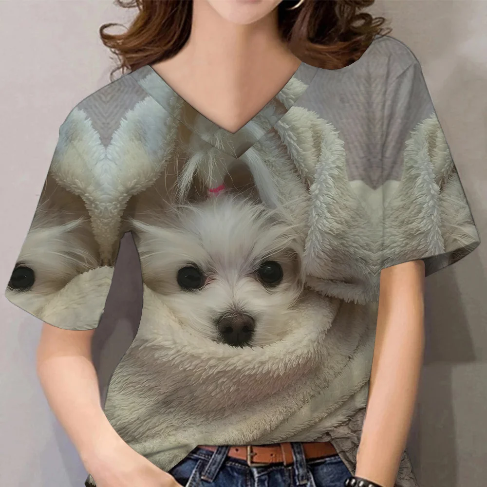 2023 Hot Sale Ladies T Shirt 3D Print Pet Dog Summer Fashion Short Sleeve Tops V Neck Cotton Streetwear Harajuku Casual Pullover