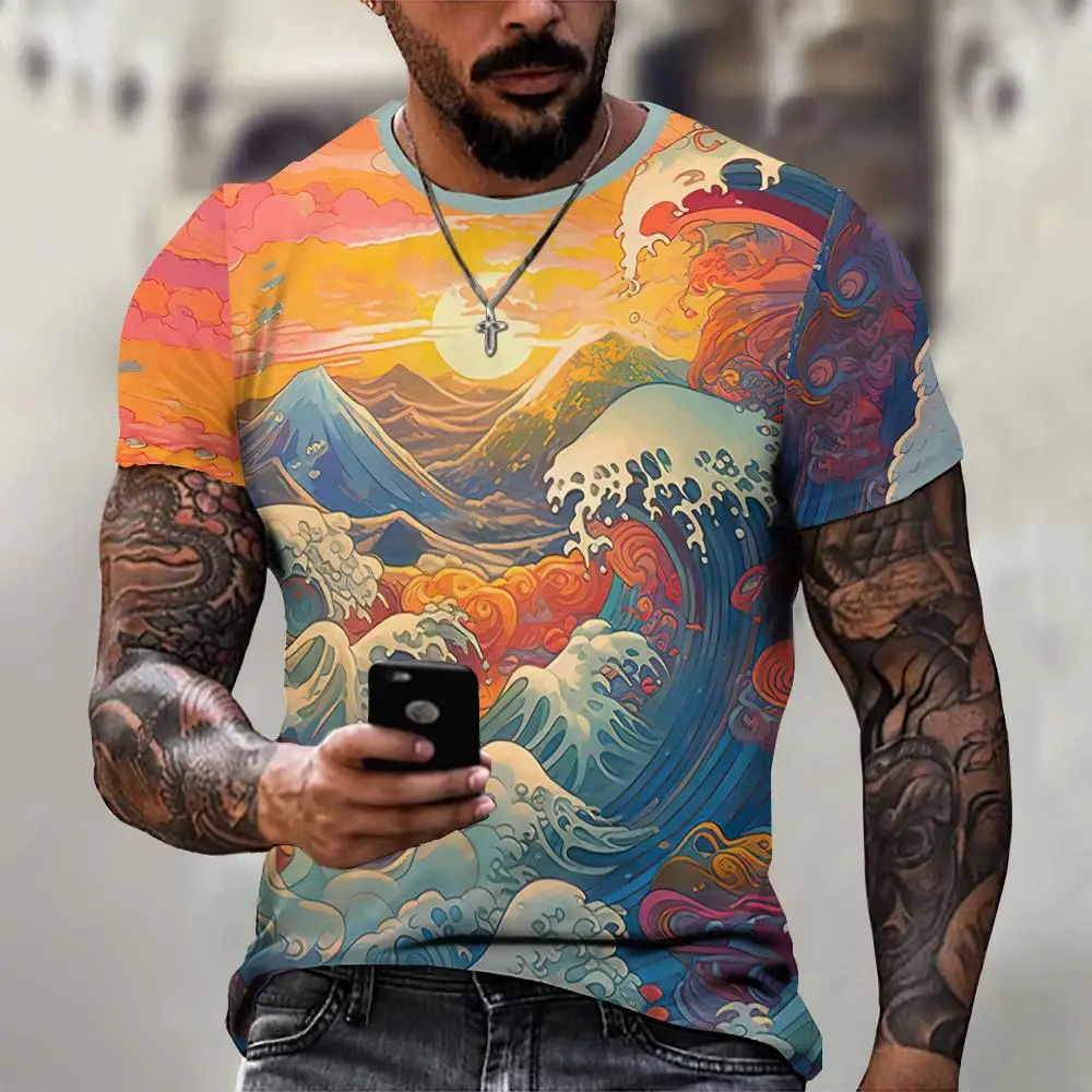 2024 new 3D sea wave Pattern Print Men's T-shirt Causal Short Tees Short Sleeve Crew Neck Pullover Tops Men's Summer Clothing