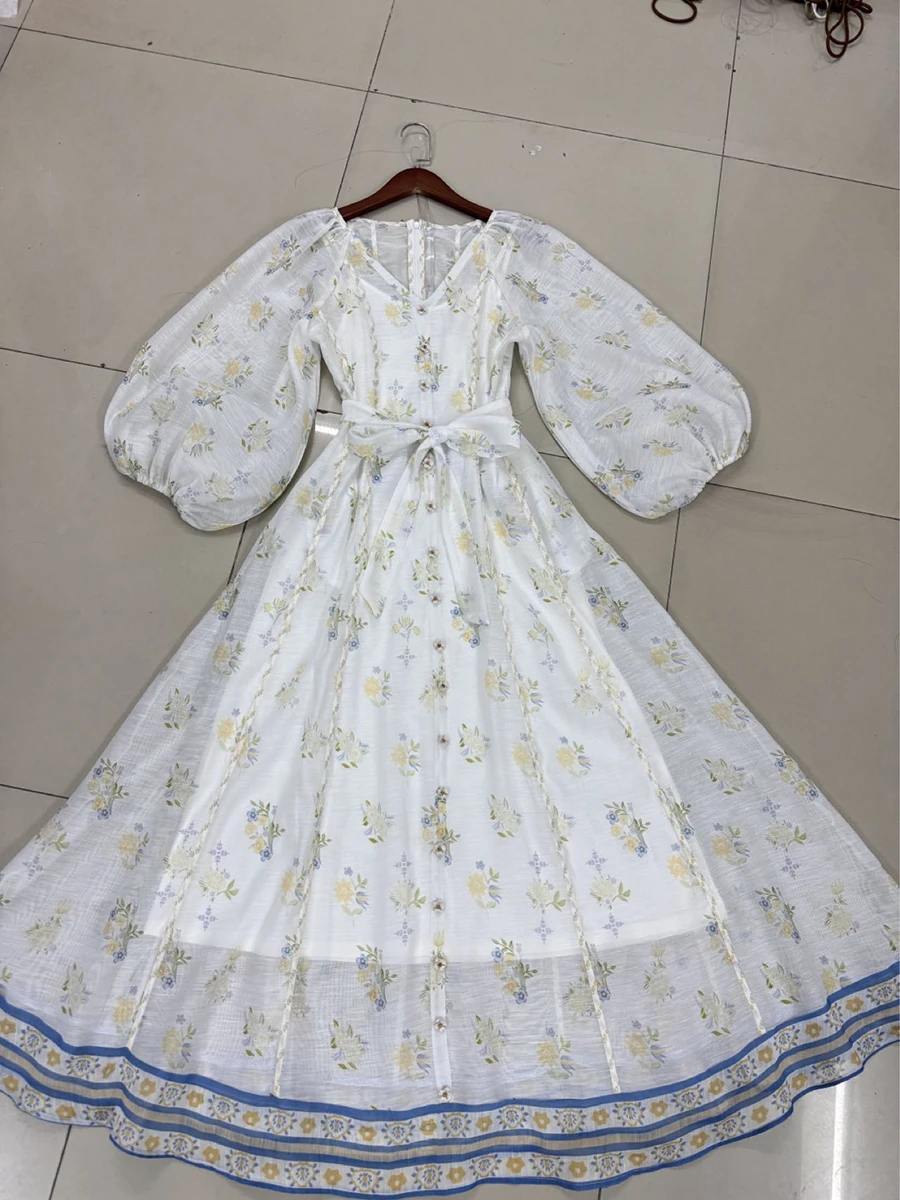 فساتين طويلة شبكية شفافة عتيقة من VGH للنساء بياقة على شكل V وأكمام ثلاثة أرباع وخصر عالي وفضفاض ومطبوع بأربطة فستان نسائي #6