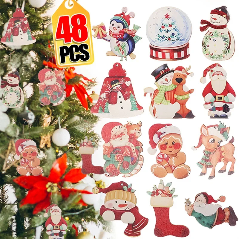 48/12Pcs Christmas Wooden Ornaments Santa Snowman Wood Pendants Vintage Farmhouse Style Christmas Tree Hanging Wooden Ornaments