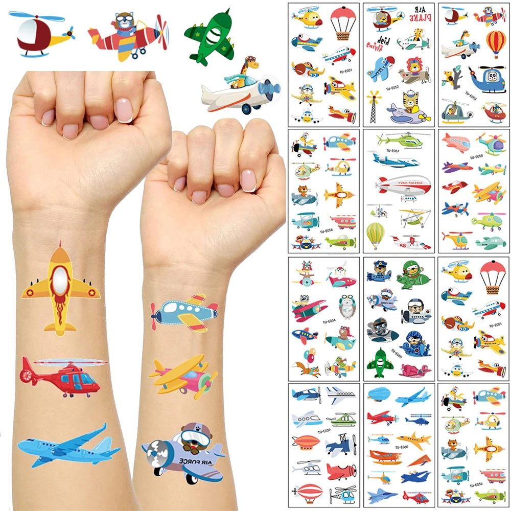 10Pcs/set Cartoon Airplane Temporary Tattoo Sticker Arm Hand Waterproof Fake Tattoo Kids Airplane Theme Party Decor Favor Supply