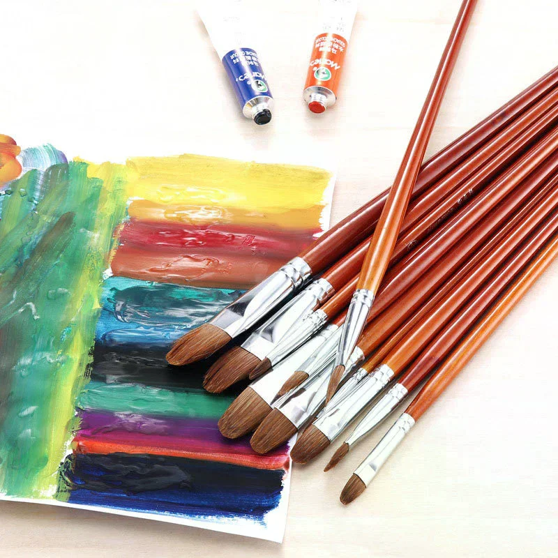 12pcs/Set High-grade Weasel Hair Oil Painting Brush Hazel Shap Row Pen Long Birch Rod Acrylic Drawing Art Supplies Artist Supply