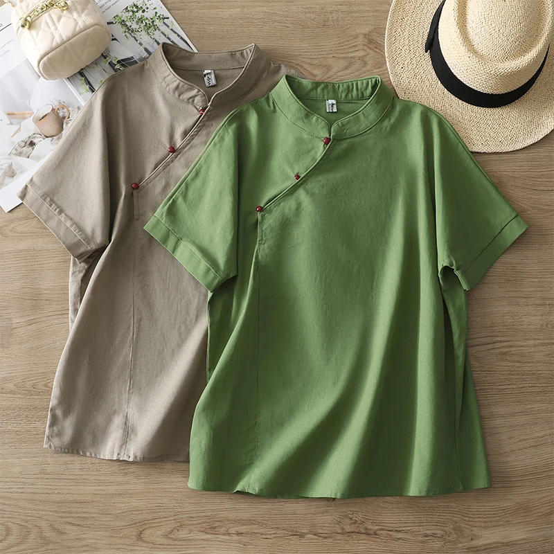 

Новая летняя свободная китайская футболка в национальном стиле в стиле ретро с льняными пуговицами и воротником-стойкой, женская футболка из хлопка...