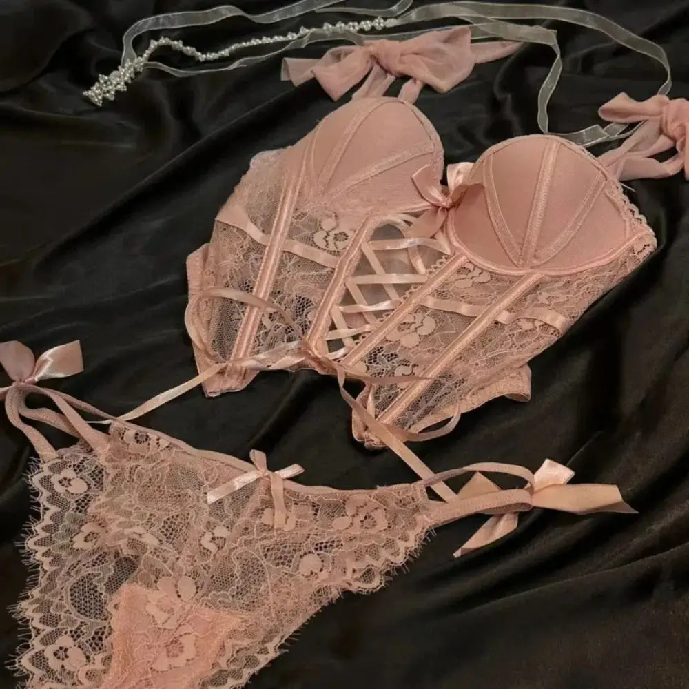 

Passionate Set Lace Camisole Briefs Set Hollow Mesh Nightgown Bow Lace Corset Tank Sleeveless Women Lingerie Uniform Ladies