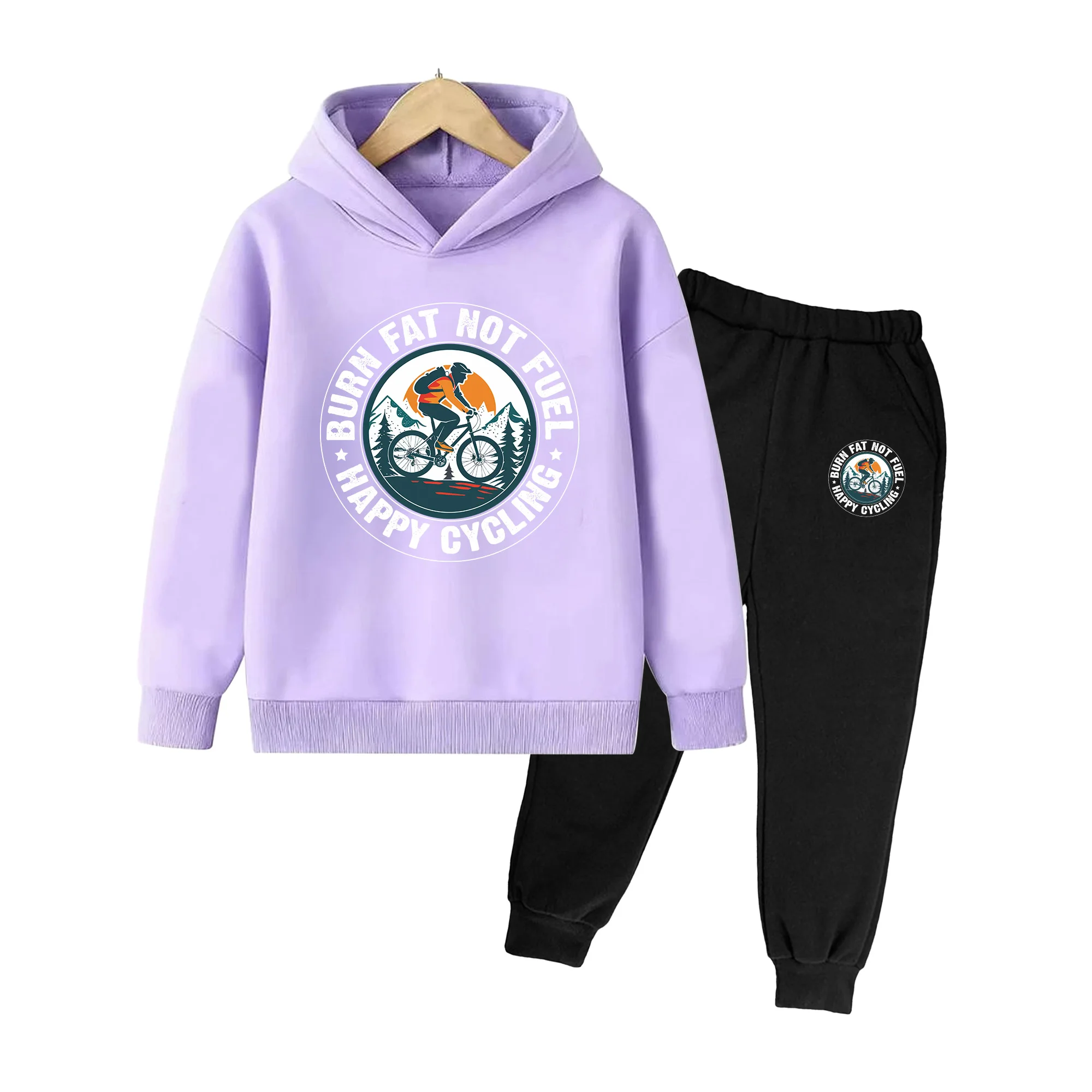 Kids Mountain Bike Print Hoodie & Pants Set, Long Sleeve Casual Sportswear for Boys Girls Outdoor Activities