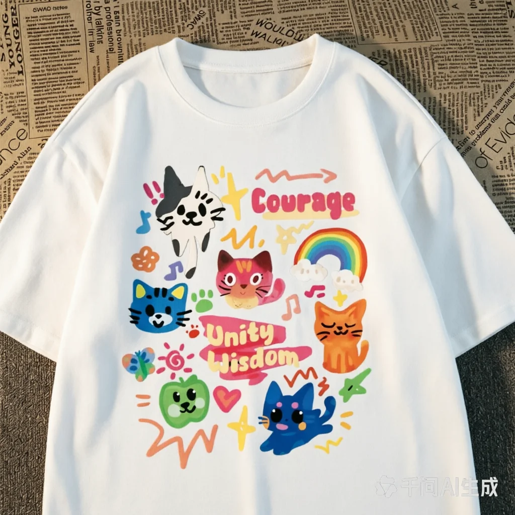 Summer Japanese Cute Child-fun Cat Printed Short-sleeved T-shirt for Ladies and Boys Same Loose Casual parent-child outfit