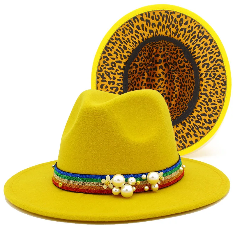 

Fedora Hats Women Trilby Caps Fedoras Rainbow Pearl Belt Jazz Hat Inner Leopard Print Derby Cap Felt Blower Chapeau Hats