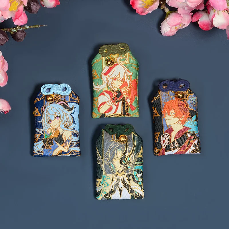 Game Genshin Impact Zhongli Xiao Yae Miko Creative Embroidery Pray Fortune Amulet Pendant Cos Accessories Keychain Figure Gift