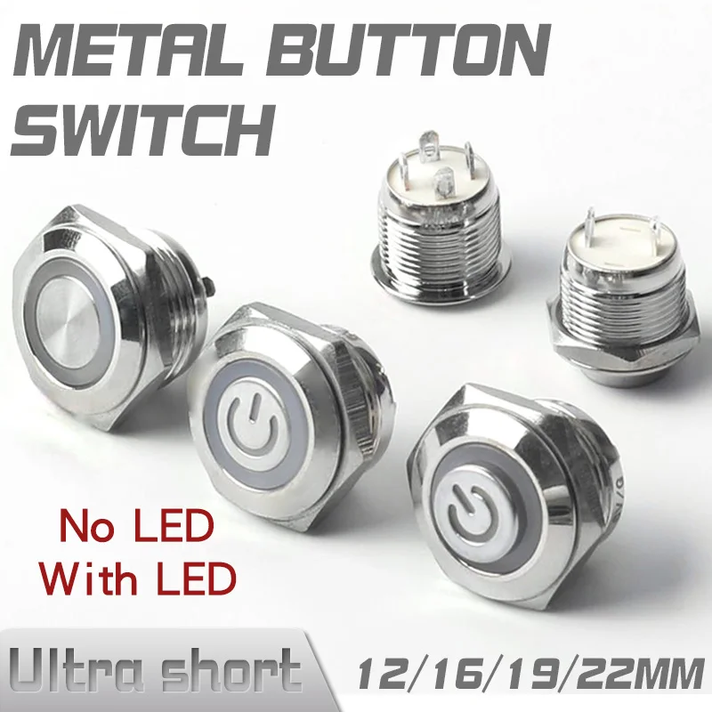 

12/16/19/22mm Short Stroke Waterproof Mini Metal Push Button Switch Led 2Pin Momentary Not Fixed Engine Power Car Switch