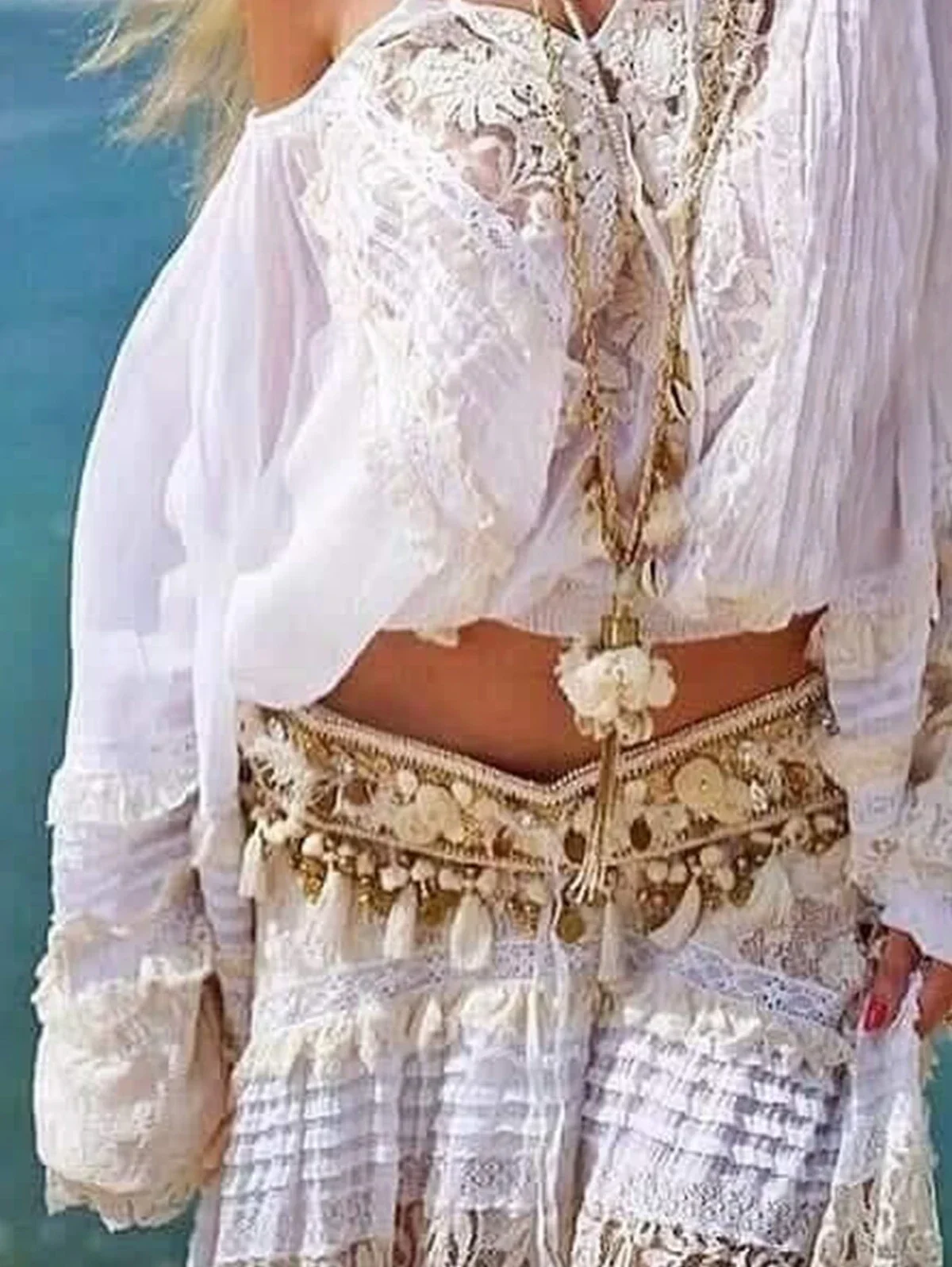 Fashionable Women\'s Bohemian Style Lace Patchwork Tie Long Sleeve Shirt 2024 Summer Camisa Cuello Peter Pan Mujer