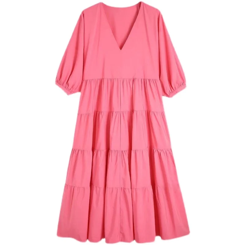 Vestido  Primavera Novo Estilo Csa Fena com Camadas em Camadas, Decote em V, Cintura Alta, Saia Longa em Linh...