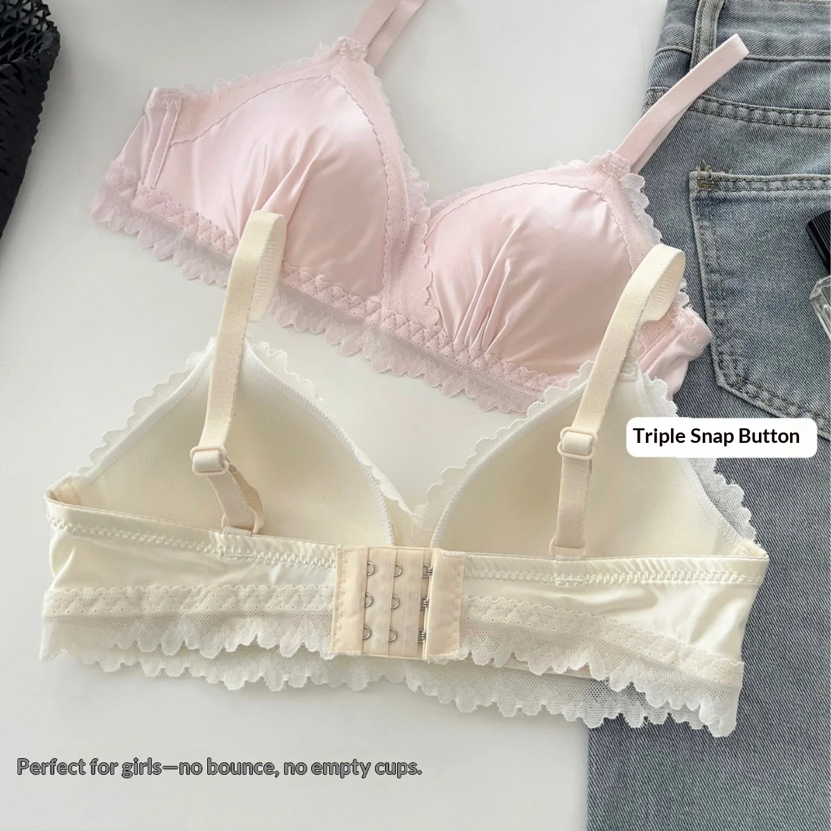 Sexy Lace Bra Set Teenage Thin Section Underwear Female Satin Lace Sweet Pure Desire Gathered Anti-Sagging Triangle Cup Bra