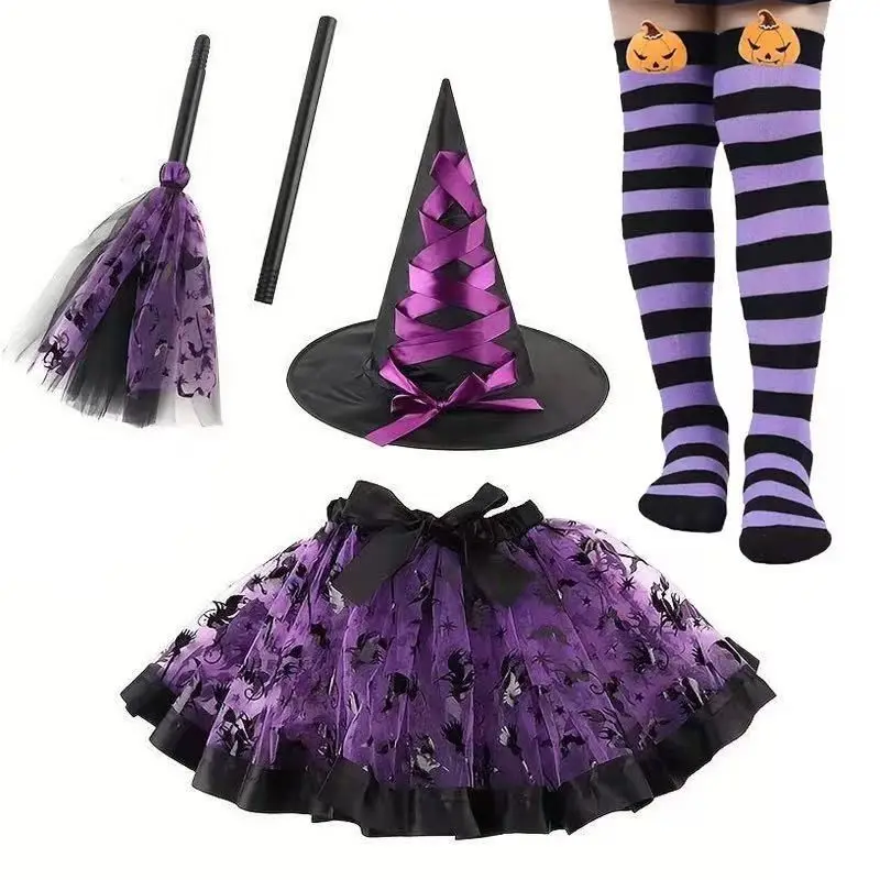 Girls Halloween Witch Cosplay Set Pumpkin Print Tutu Skirt Witch Hat Broom Carnival Masquerade Party Costume Party Fancy Dress