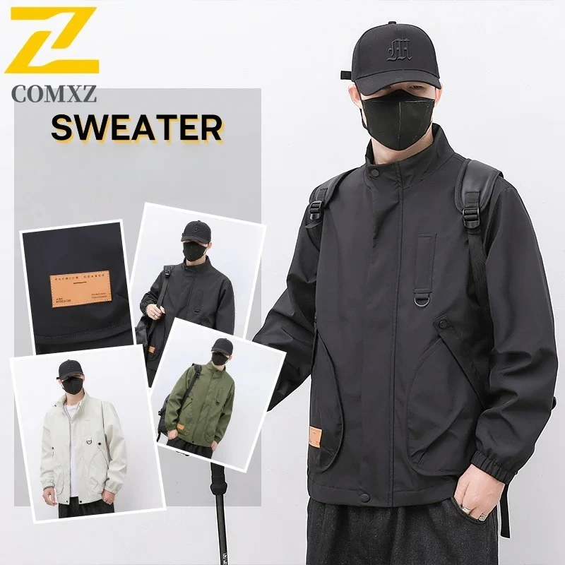 

2025 Premium Men Jacket Outdoor Stand Collar Loose Fit Multi Pocket Waterproof Hiking Workwear Trendy Casual Windbreaker Coat