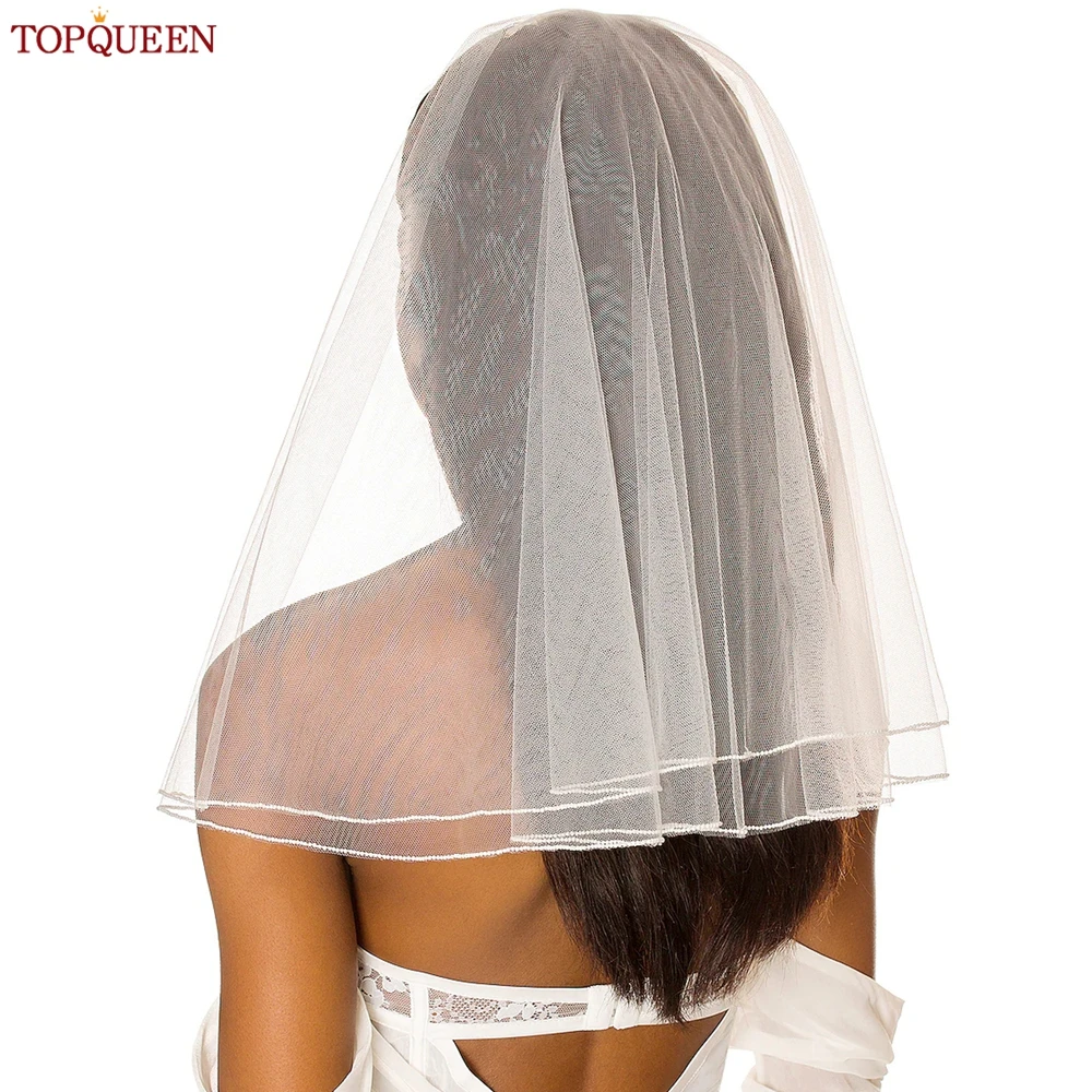 TOPQUEEN V173 Wedding Veil Shoulder Length Veil 2 Layers with Comb Blusher Bridal Veils Pearls Edge Dress Veil for Bride