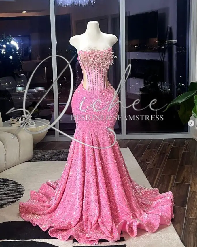 Hot Pink Sparkly Mermaid Evening Formal Dresses 2025 Strapless Boning Corset Lace-up Velvet Prom Gala Gown Outfit Customsized