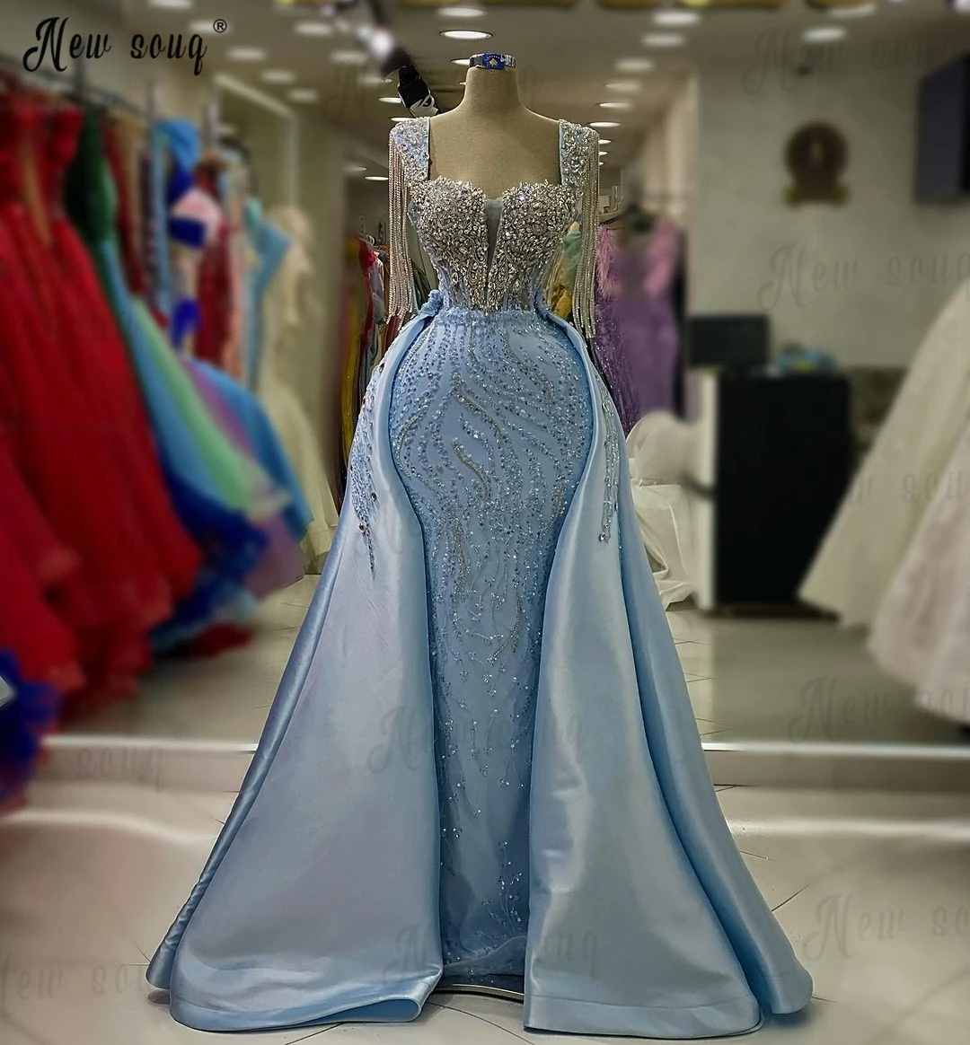 Robe de Soirée Longue Bleu Clair avec Traîne Amovible, Manches, Glands, Dubaï, Grande Taille, Perles