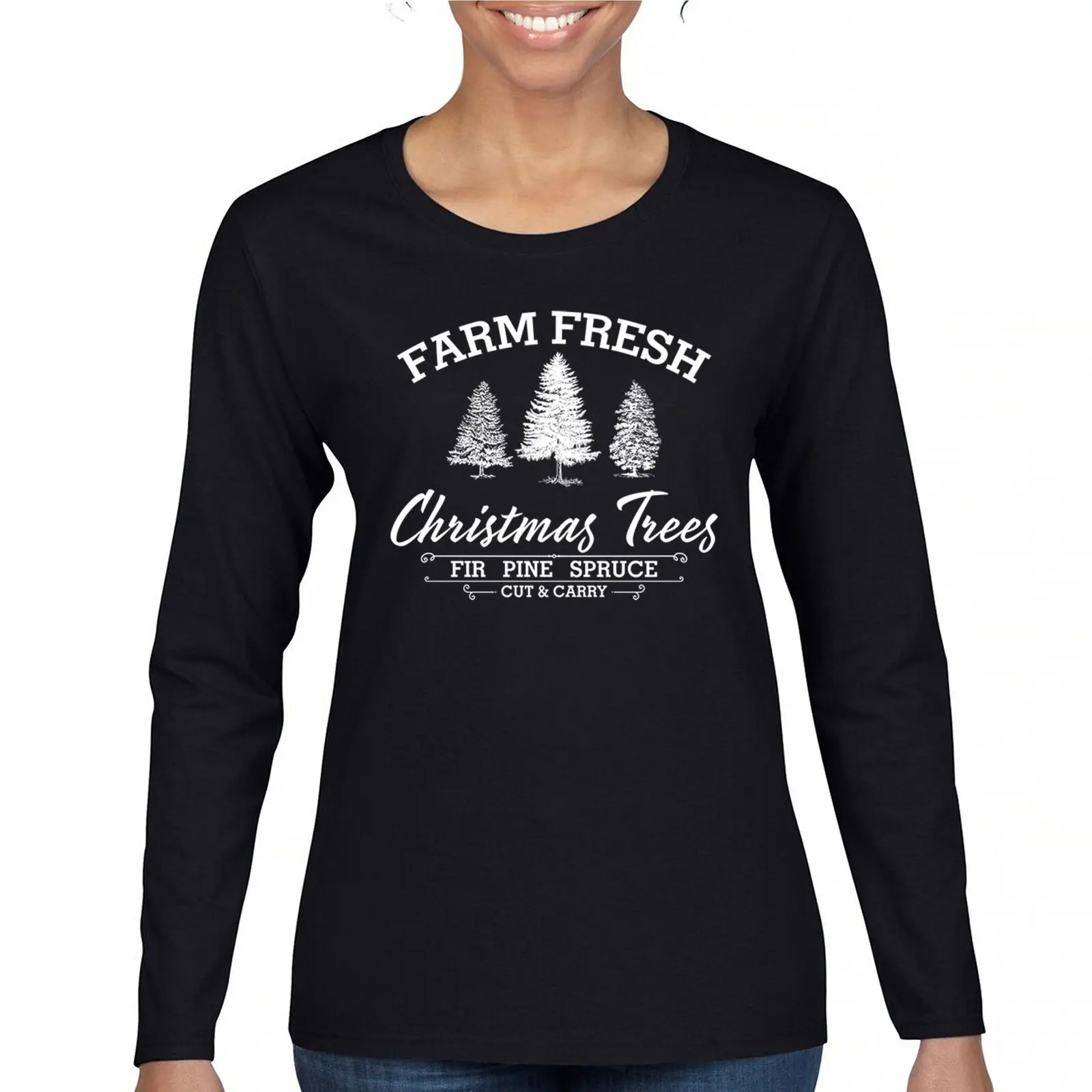 Farm Fresh Christmas Trees Women's Long Sleeve T-shirt Xmas Holiday Spirit Joy