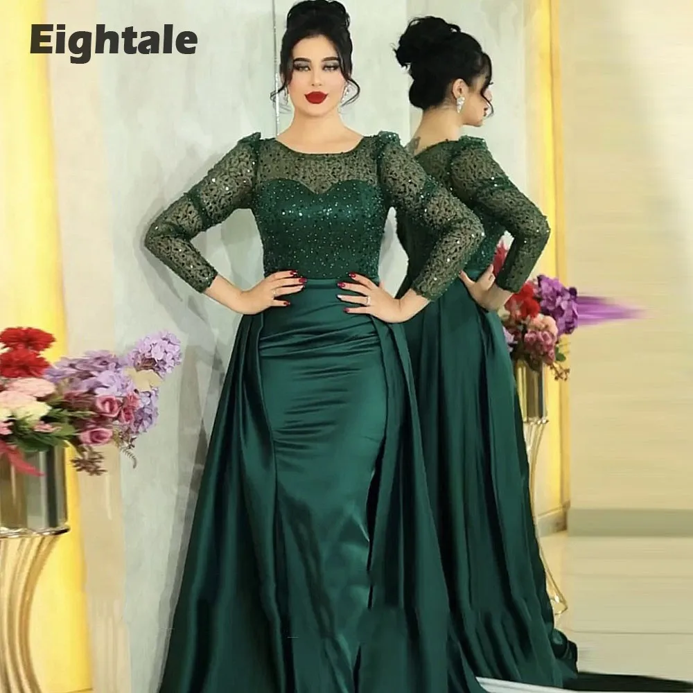 Eightale Luxury Evening Dress with Detachable Skirt Satin Customized Dark Green Mermaid Prom Party Gowns robe de soirée femme