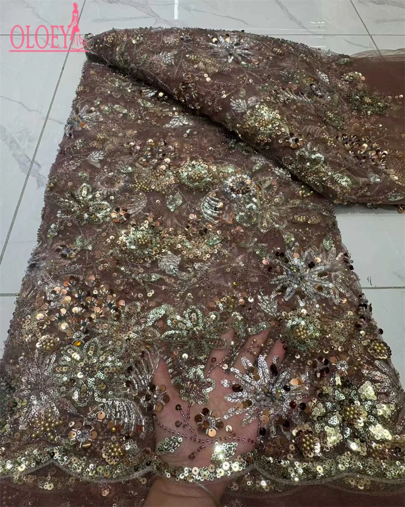 ผ้าลูกไม้ปักเลื่อมและลูกปัดสไตล์แอฟริกัน OLOEYLuxury คุณภาพสูง ปี 2025 ผ้าลูกไม้ฝรั่งเศส ผ้าลูกไม้ไนจีเรีย