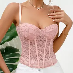 Women's Elegant Blouse Pink Corset Tops with Bra Lace Sleeveless T-shirt Halter Slim Lingerie Tank Top Spaghetti Strap Camisole