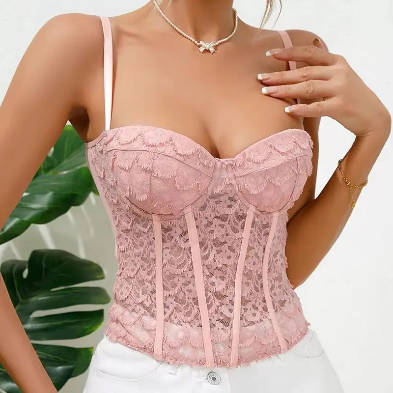 Women's Elegant Blouse Pink Corset Tops with Bra Lace Sleeveless T-shirt Halter Slim Lingerie Tank Top Spaghetti Strap Camisole