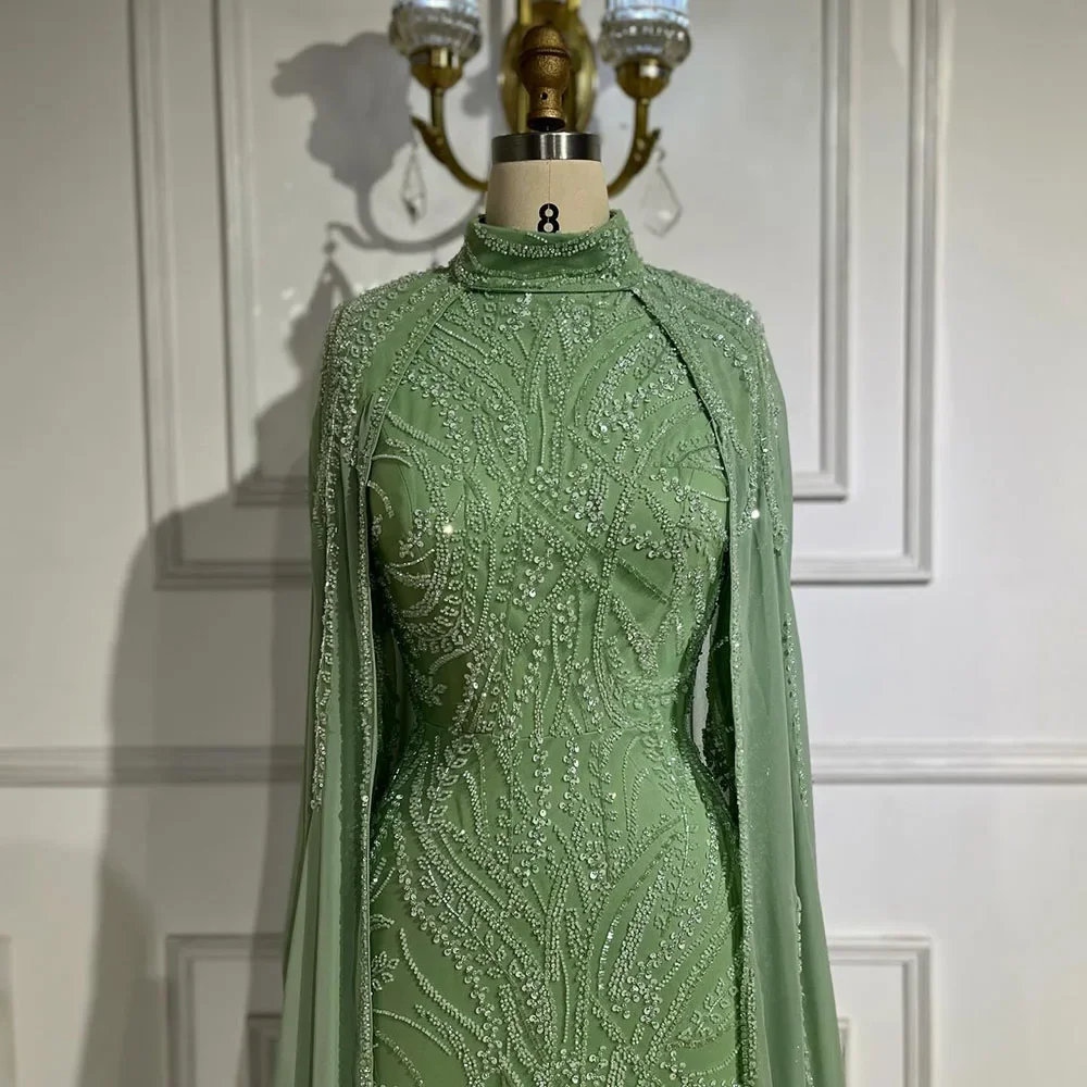 Serene Hill 2025 muslim Sage Green Mermaid Cape Sleeves Beaded Satin  Evening Dresses Gowns for Party LA72413 Customized - AliExpress 320