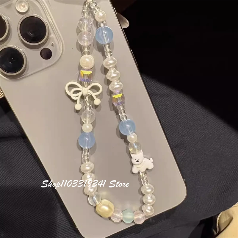Korean Cute White Bow Puppy Beaded Phone Charms Chain For iPhone 16 Accessories Phone Strap Anti-Lost Lanyard Hanging Rope Girl view 6